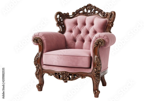 Victorian style armchair with plush pink upholstery.