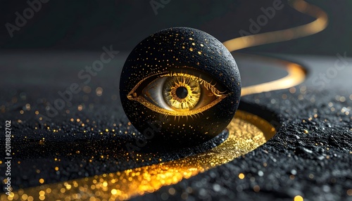 Eye sphere on black with gold trail