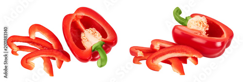 slices of red sweet bell pepper isolated on white background. Top view. Flat lay
