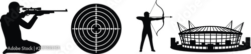 Foto Precision shooting and archery vector silhouette illustration with stadium and target art