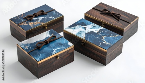 Four dark wooden boxes with marble-patterned lids, each tied with a brown ribbon