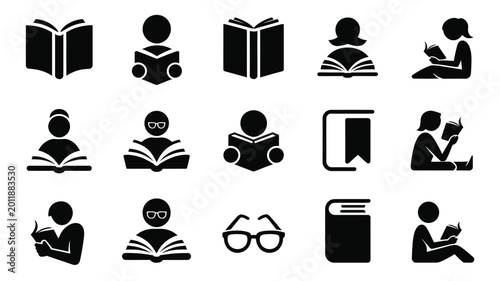 Set of 15 Black Reading People and Book Icons Vector