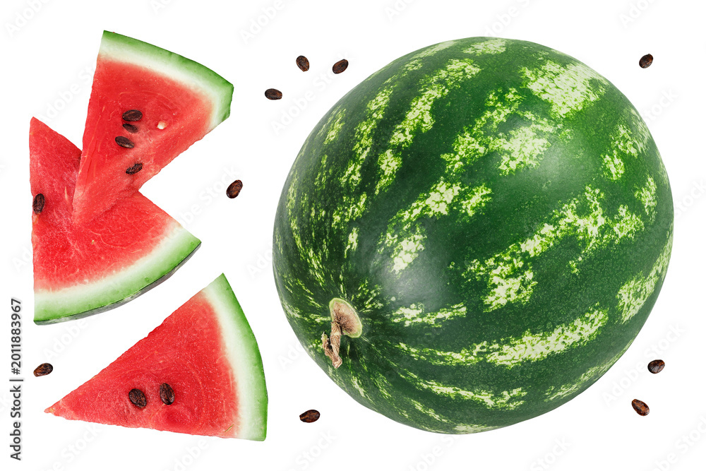 Fototapeta premium Slices of watermelon isolated on white background. Top view. Flat lay