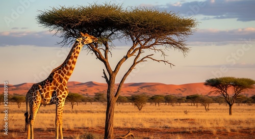 Tall Giraffe Feeding on Acacia Tree in Golden African Savanna