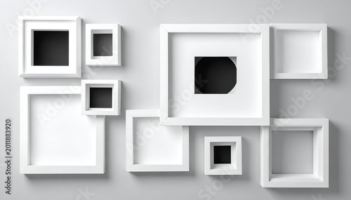 White frames with geometric voids on a grey wall, stacked in an arrangement