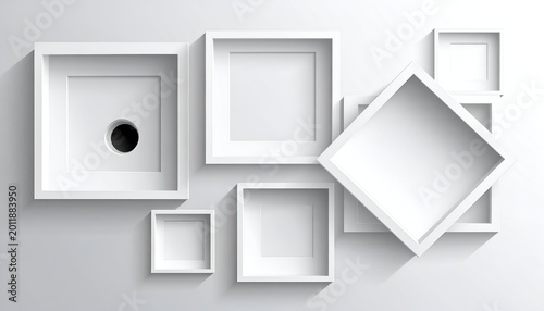 White square frames create depth, some empty, one with a dark circle center