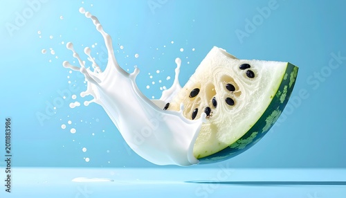 Watermelon slice with milk splash against a light blue background