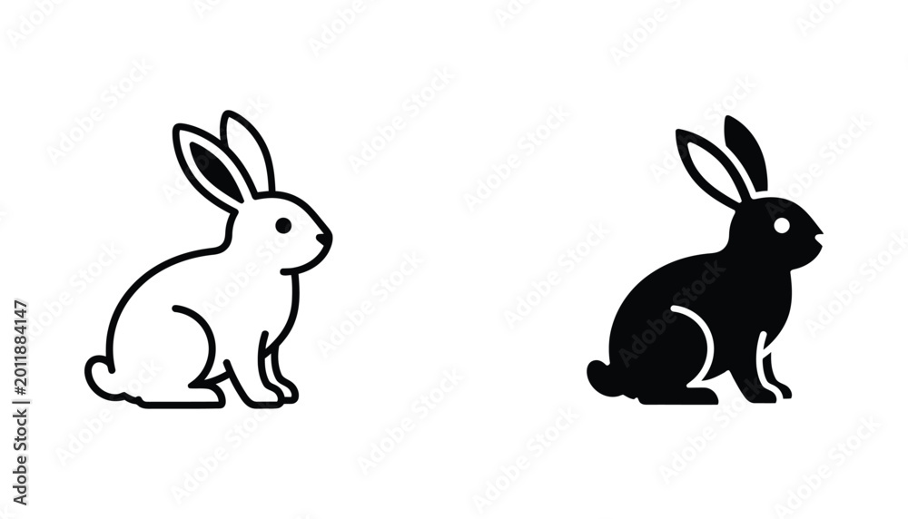 Fototapeta premium Cute rabbit sitting outline and solid silhouette icon for Easter and nature themes