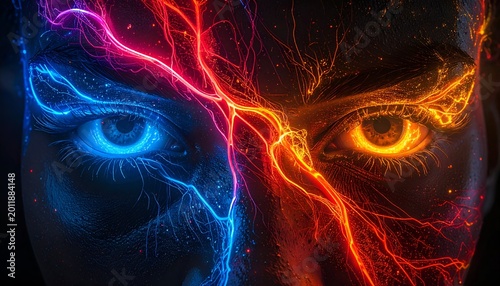 Face split into red/blue energy, with intense eyes