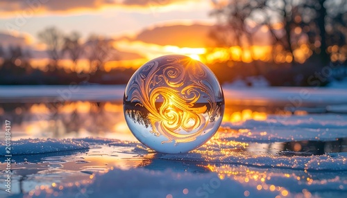 Crystal ball reflects sunset over snowy river, icy surface, winter trees