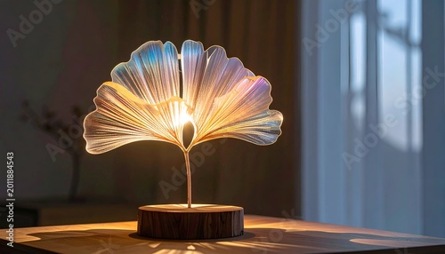 Ginkgo-shaped lamp on wood base emits warm light in room