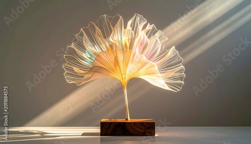 Translucent leaf sculpture on wood, sunbeams illuminating it