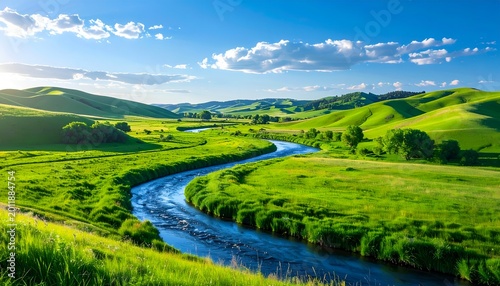 Serene, winding river through lush green hills under a bright, sunny sky