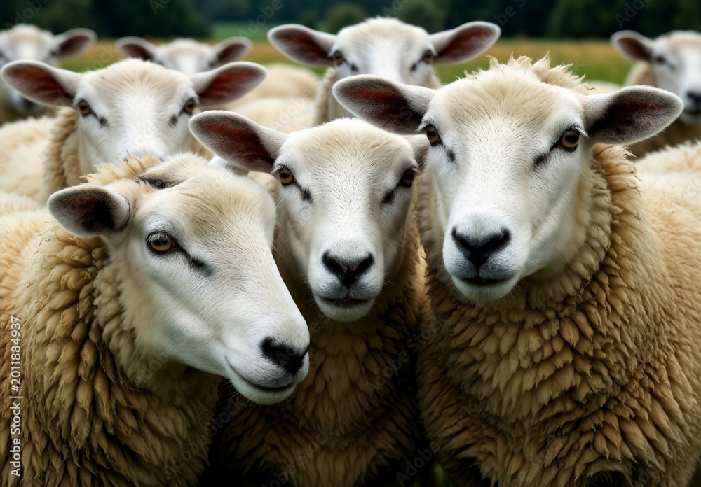 Obraz premium Close up portrait of fluffy white sheep in a green field