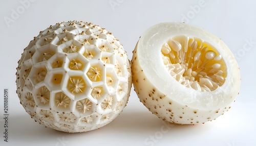 White fruit, one halved, showing honeycomb pattern and seeds inside on clean surface
