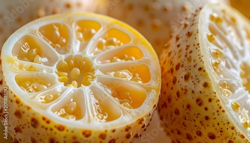 Sliced citrus fruit, reveals juicy segments and seeds