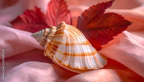 Seashell and autumn leaves on shimmering pink fabric, warm & delicate scene