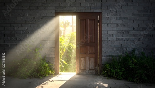 Bright sunlight streaming through open door in a stone wall, into lush garden