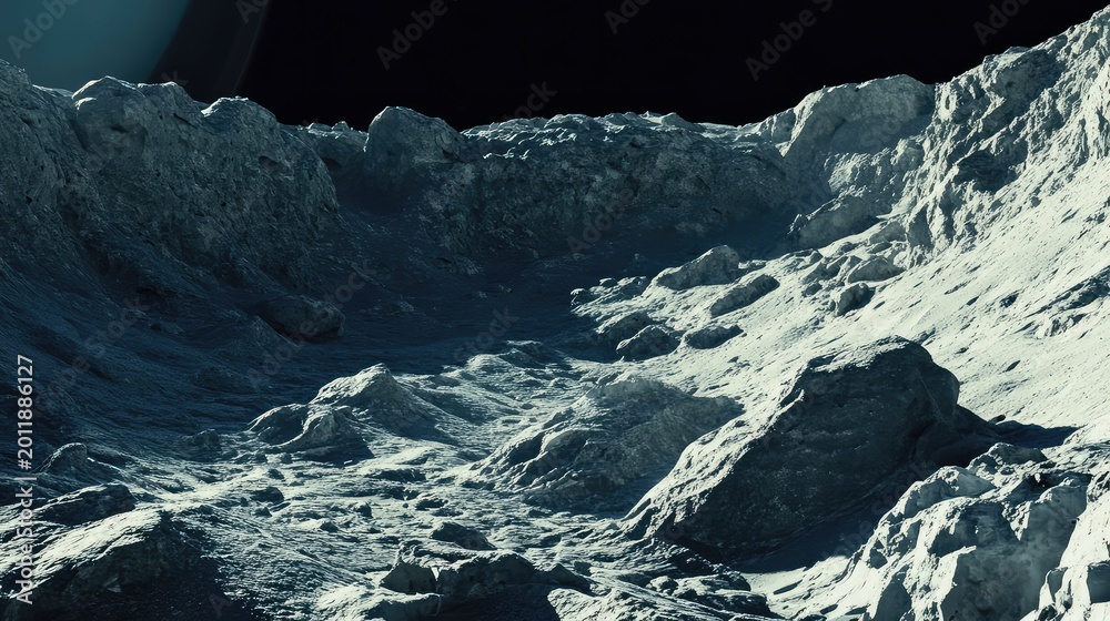 Fototapeta premium Desolate extraterrestrial landscape featuring rugged rocky formations, deep craters, and a vast lunar surface under the darkness of space, evoking exploration and cosmic mystery