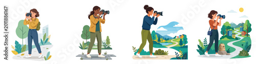 Canvas-taulu Flat vector illustration set of someone taking photos with a camera, clean and m