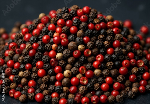 Red and black peppercorns pile macro spice seasoning texture