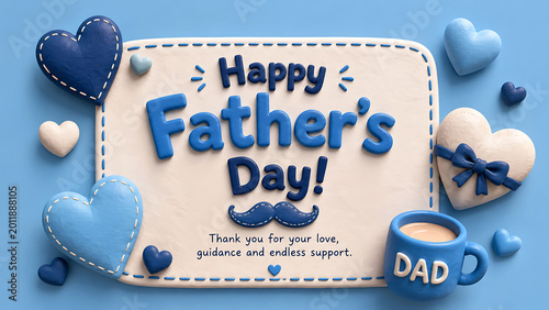 Obraz na płótnie 3D Clay Style Father’s Day Card with Rounded Hearts Pastel Blue Background and P