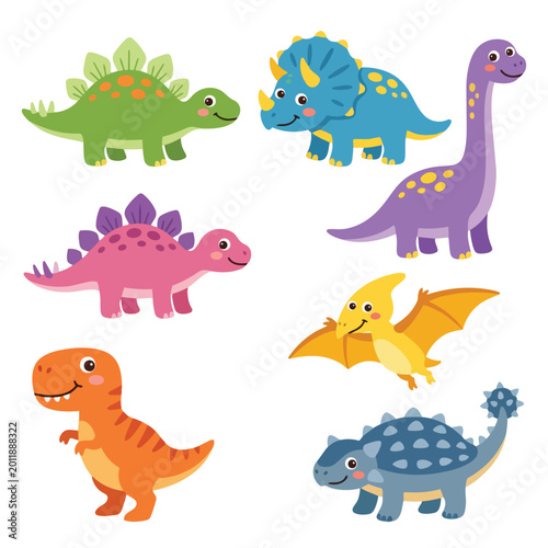 Cute Cartoon Dinosaur Collection Vector Illustration