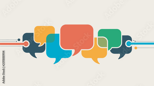 Colorful speech bubbles connected in communication flow on white background