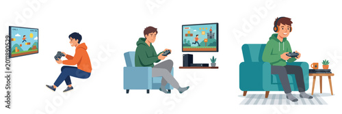 Flat vector illustration of an individual playing video games with a controller, modern minimal style, no outline, white background