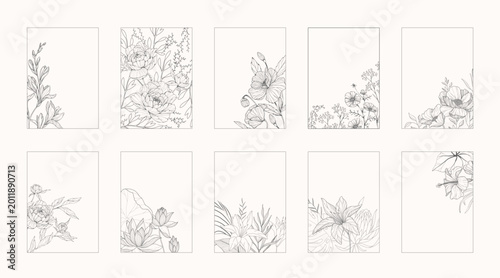 Set of card with blooming hand drawn flowers and brunch. Detailed template layout design, brochure or cover for Valentines day or wedding