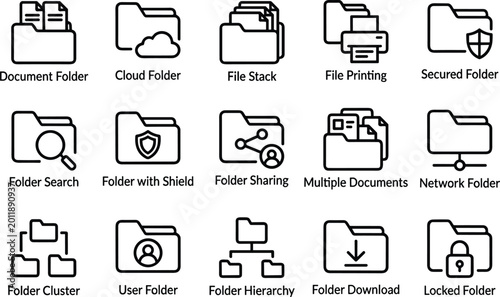 Set of black line icons for digital file folders and data management