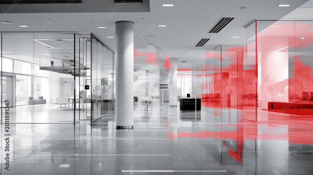 Fototapeta premium Modern office interior featuring sleek glass walls, polished floors, and a reception desk, with vibrant red abstract shapes reflecting on surfaces, creating a dynamic visual experience