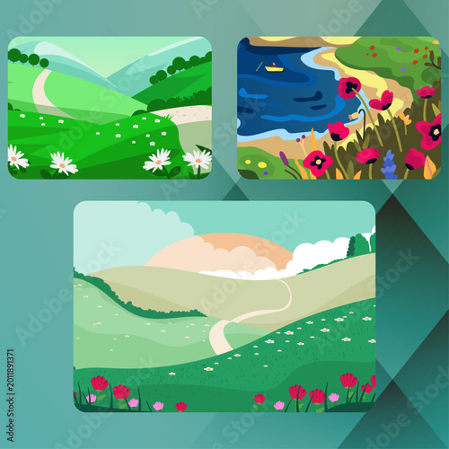 Set of flat design nature landscape illustrations. Spring and summer scenery featuring green rolling hills, blooming flowers, winding rural paths, and a tranquil lake with a fishing boat.