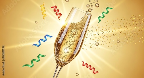 Champagne glass with bubbles and colorful streamers on gold background