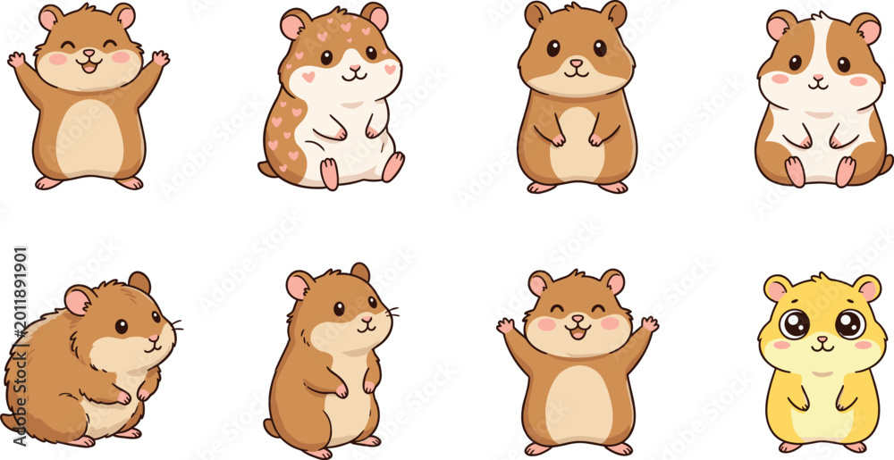 Fototapeta premium Cute Hamster Vector Set with Adorable Small Rodent Characters in Different Poses and Expressions for Children Illustrations, Pet Designs, Stickers, and Animal Artwork.