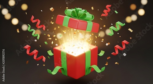 Open gift box with confetti and ribbons on dark background