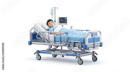 3D cartoon patient lying in hospital bed, medical equipment with heart rate monitor and IV drip, healthcare and intensive care unit concept isolated on White Background