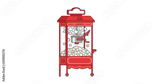 A simplified red popcorn machine with a small crank handle and transparent glass housing displays freshly popped kernels on a clean white background for visuals.