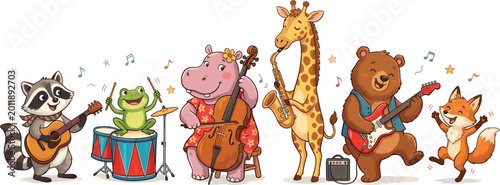 Bild auf Leinwand Cute Musical Animal Band Character Set with Bear Guitarist, Giraffe Saxophonist,