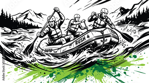 Quadro su tela Whitewater Rafting Adventure Vector Illustration Featuring Team Paddling Through