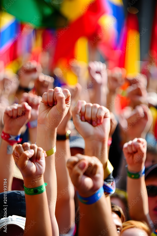 Obraz premium Raised Fists At Pride Celebration With Colorful Rainbow Flags