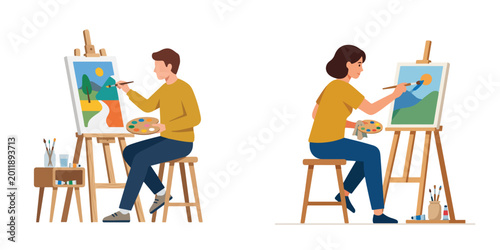 Cuadro en lienzo Artistic duo, a man and a woman, deeply engrossed in their painting hobby, creat