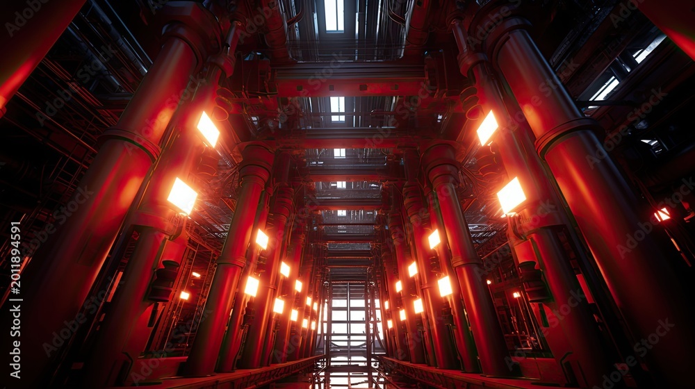 Fototapeta premium Futuristic industrial engine room featuring massive metallic pillars and complex machinery, illuminated by numerous glowing red light panels creating a dramatic and high tech atmosphere