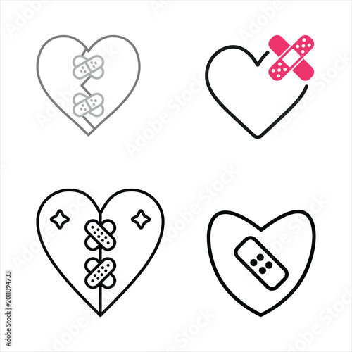 Broken heart and healing icon set with adhesive bandages in minimalist line art style for emotional recovery and medical design projects
