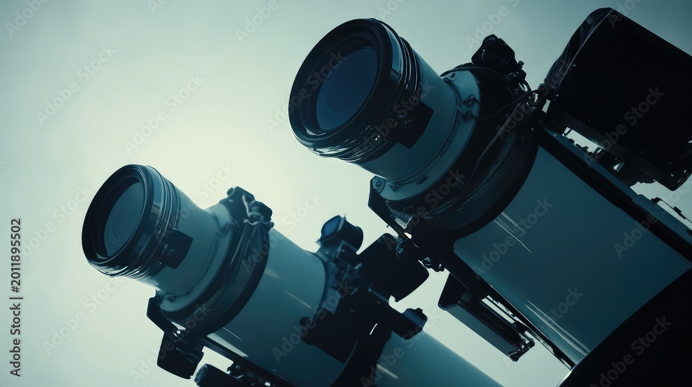 Fototapeta premium Two modern astronomical telescopes pointing towards an unobscured sky, collecting data and exploring distant celestial objects for scientific investigation and future discovery