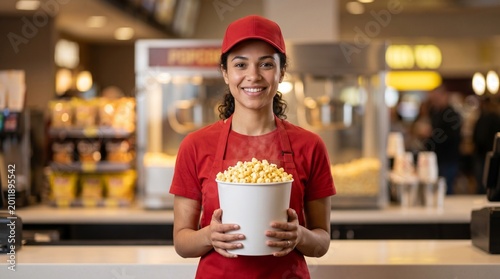 Young smiling cinema employee in red uniform holding a large bucket of popcorn