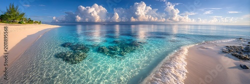 Stunning Tropical Lagoon with Crystal Clear Water showing Coral Reefs and Beautiful White Cumulus Clouds over a Pristine Sandy Beach