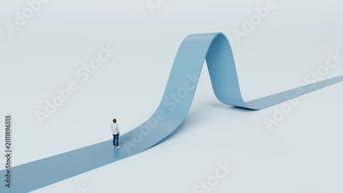 Foto Man standing on a long path facing a massive hurdle representing business obstac