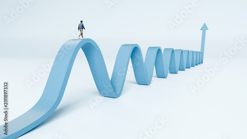 Man walking on winding blue path with peaks and valleys ending in an upward arrow representing market volatility and long term success, 3d render