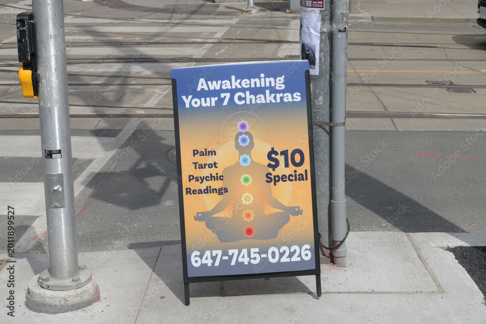 Fototapeta premium A-frame with advertising for Awakening Your 7 Chakras in Toronto